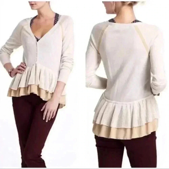 ANTHROPOLOGIE Knitted & Knotted sz xs peplum ruffle Cardigan SWEATER Cottagecore - Picture 1 of 4